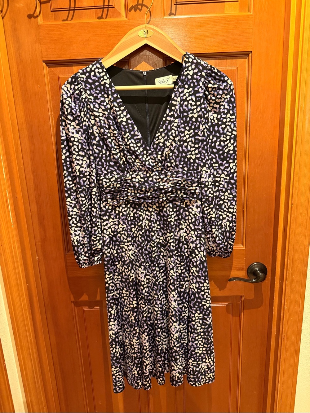 Eliza J Dress Size 4 Purple Black Abstract Print Long Sleeve Fit Flare Midi